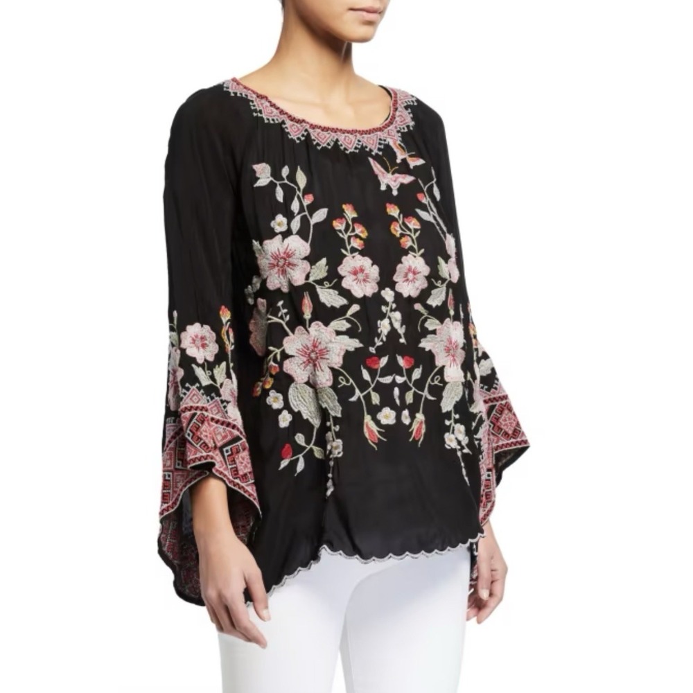 Johnny Was Grace Embroidered Blouse XL Black Floral Boho Peasant Whimsigoth Top